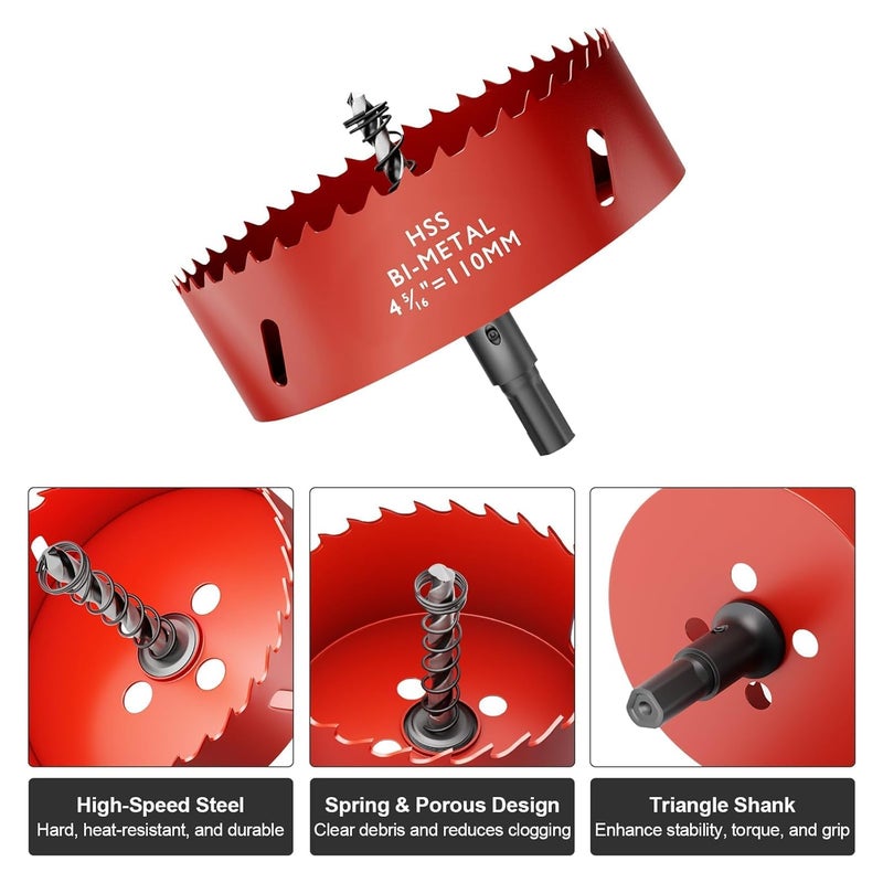 FIVELAKE 4-5/16" (110mm) Bi-Metal M42 High Speed Steel Hole Saw with Pilot Drill Bit, Smooth Cutting Edge for PVC, Drywall, Wood, Plastic, Gypsum Board, Rubber, Thin Metal - Image 2